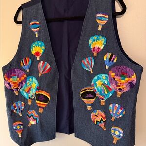 Eclectic Colorful Hot Air Balloon Denim Vest- Like New
